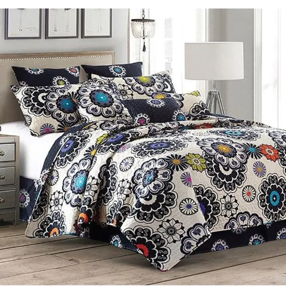 Boho Mandala Pattern Printed Queen Size Quilt Set Farmhouse Floral Cottage